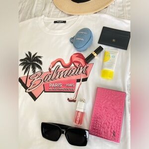 Balmain White Tee with Pink Flamingo Graphic